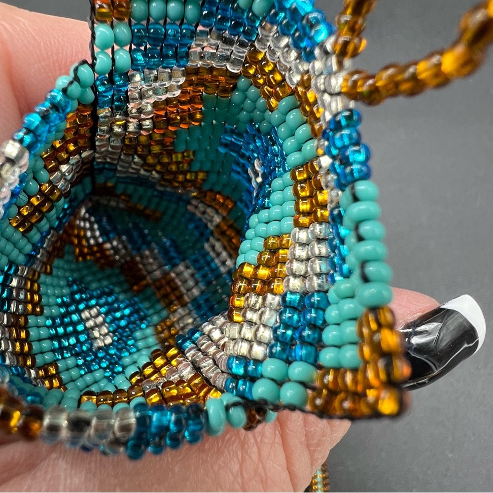 Vintage Turquoise Gold Seed Bead Peyote Amulet Pouch Necklace Fringe - Picture 5 of 8